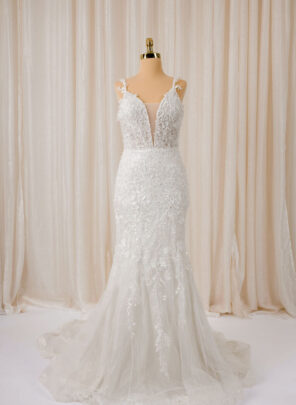 Romantische zeemeermin trouwjurk met V-hals en afneembare sleep